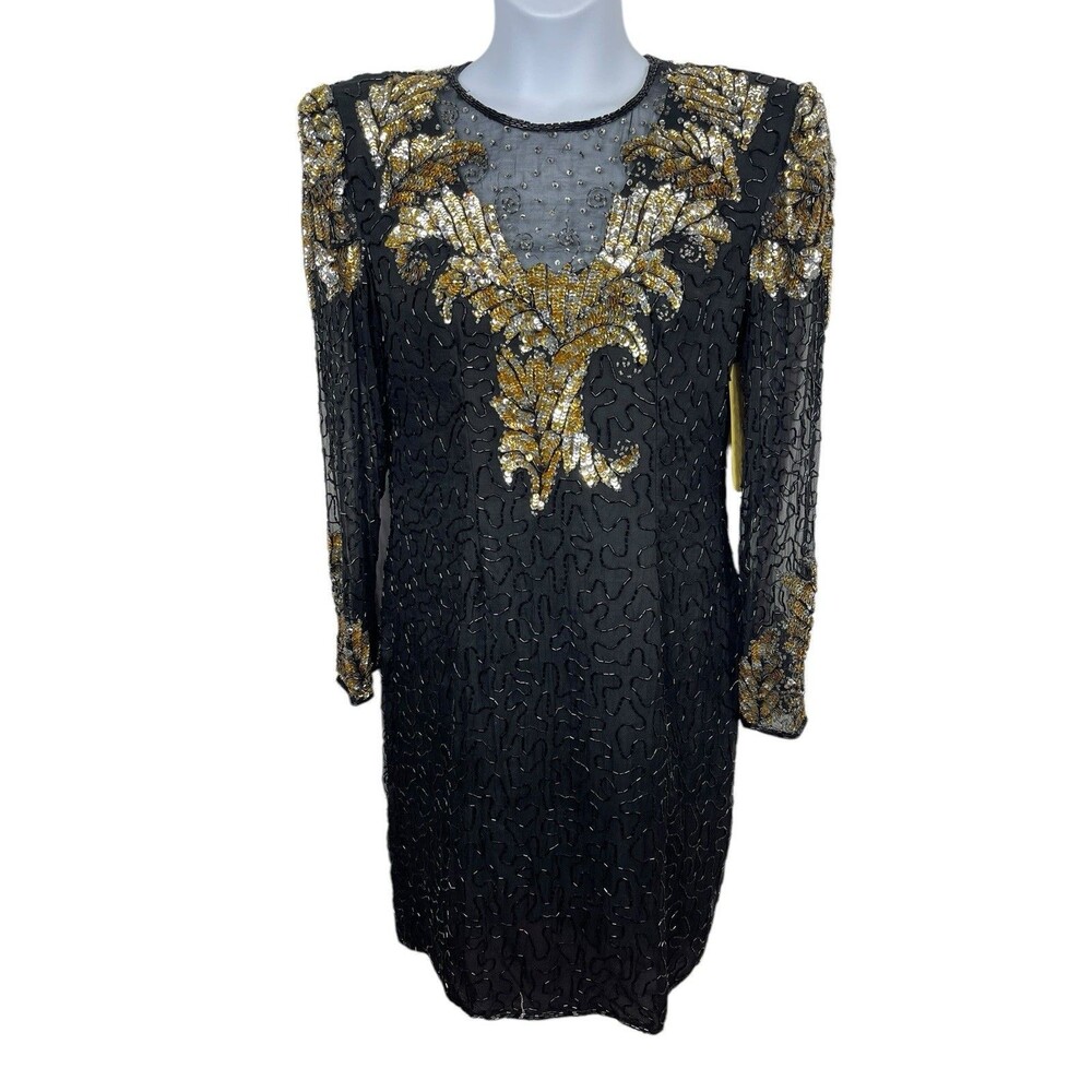 VTG 80s 90s Laurance Kazar Black Gold Heavy Hand Beaded Sequin Glam Dress NWT XL